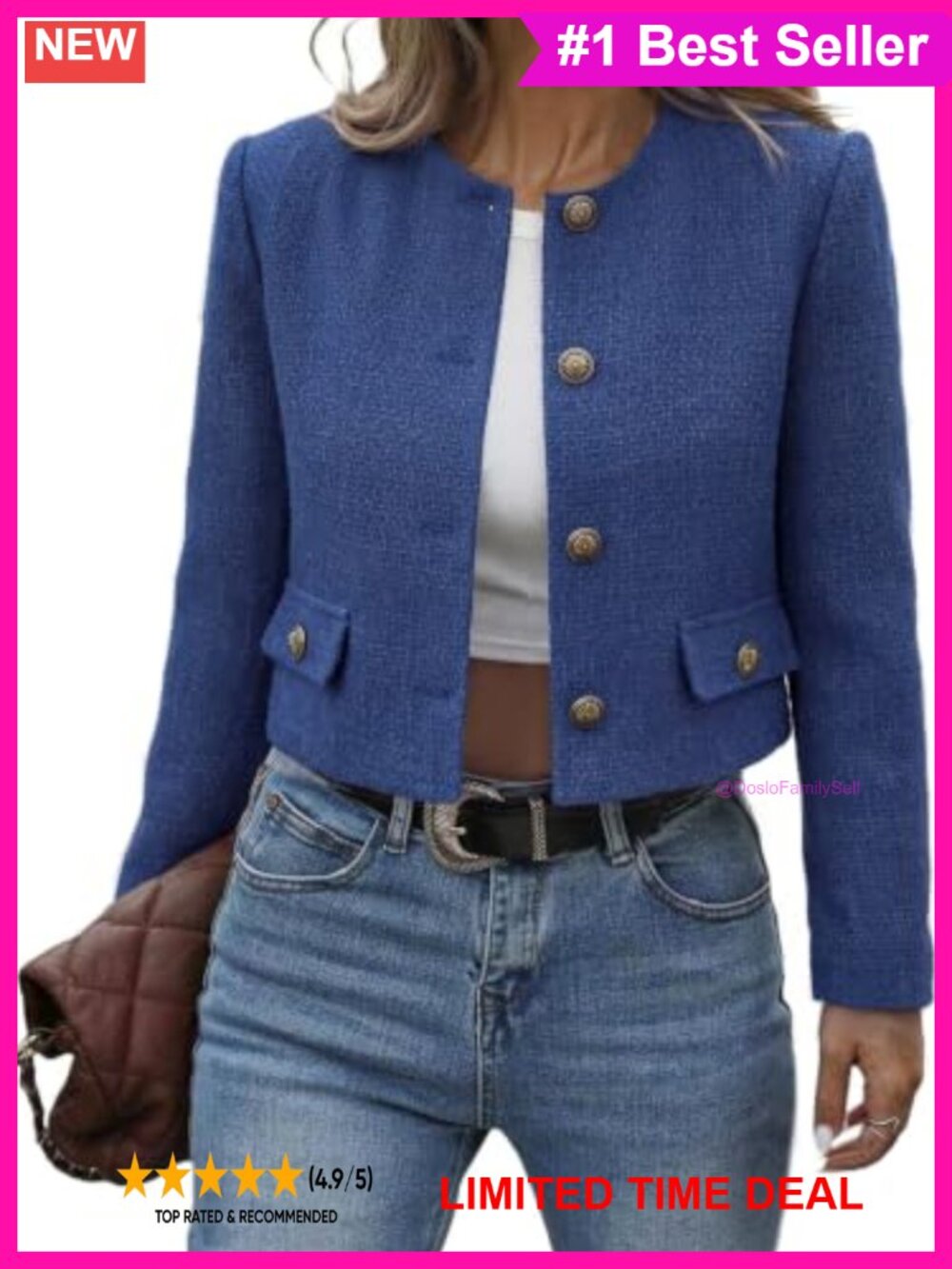Cropped Tweed Blazer Collarless Button Down Bomber Jacket